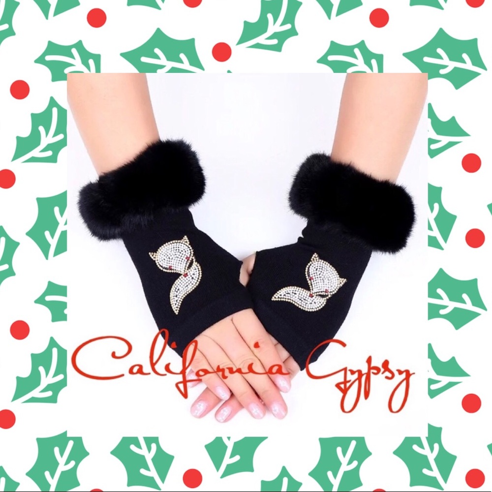 Fur Rhinestone Fox Gloves
